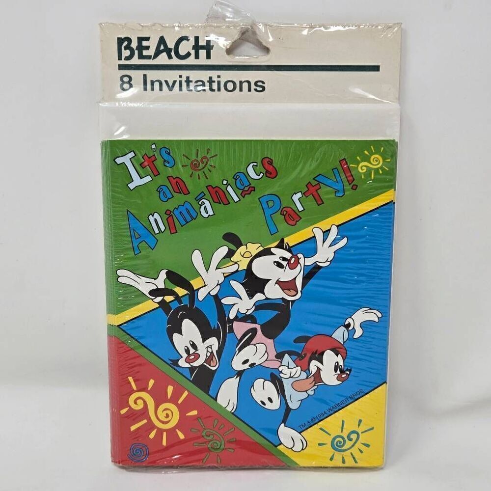 VINTAGE BEACH 1994 WARNER BROTHERS ANIMANIACS BIRTHDAY PARTY 8 INVITATIONS NEW